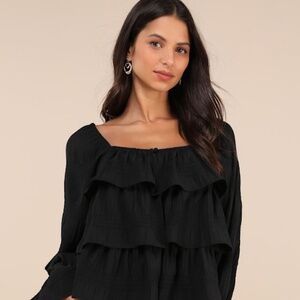 Lulus Tier Decadence Black Tiered Ruffled Long Sleeve Button-up Top - Size M